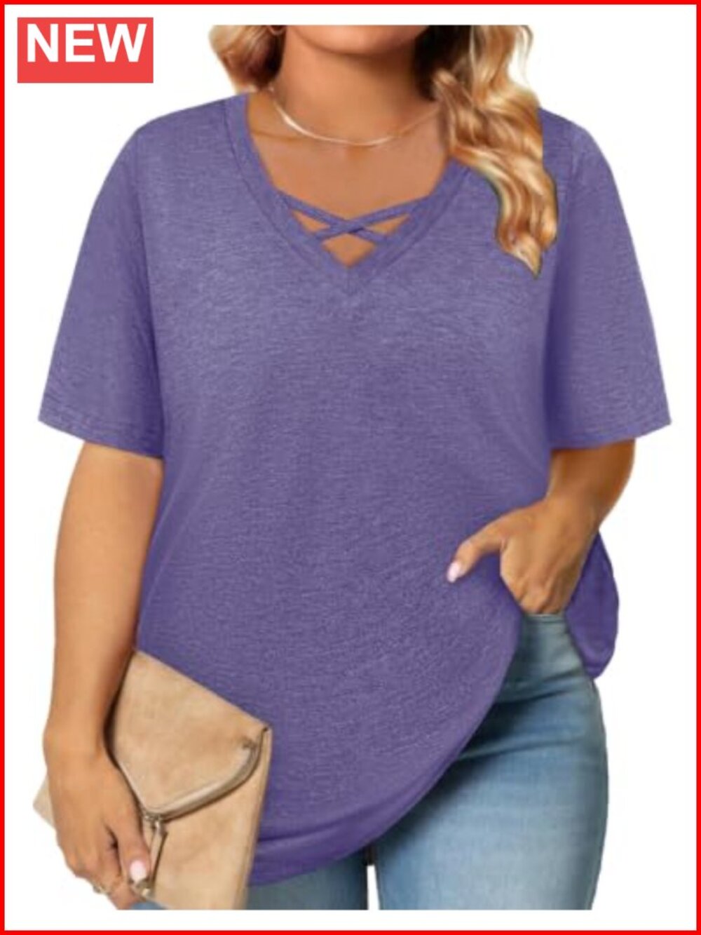 Womens Plus Size V-Neck Criss Cross Tunic Top Short Sleeve L-4XL